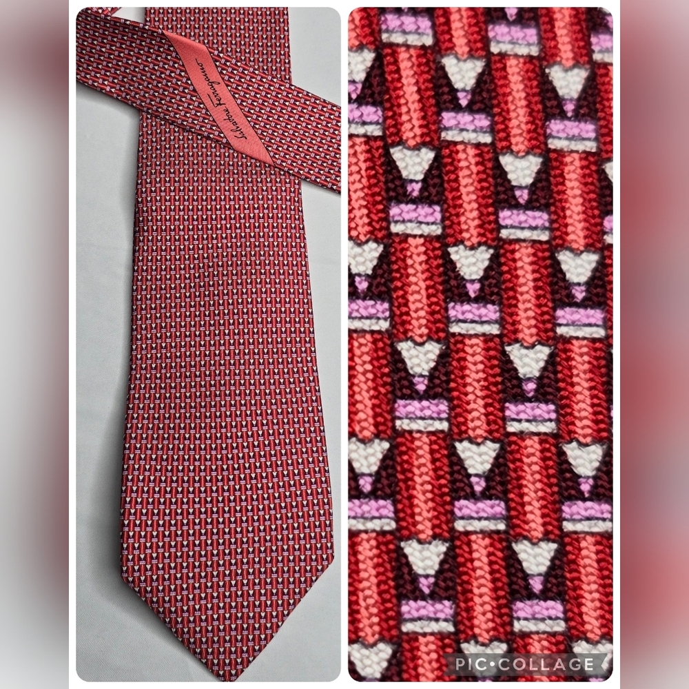 Salvatore Ferragamo Pencil Print Silk Tie Red Pink Novelty Teacher Gift Italy
